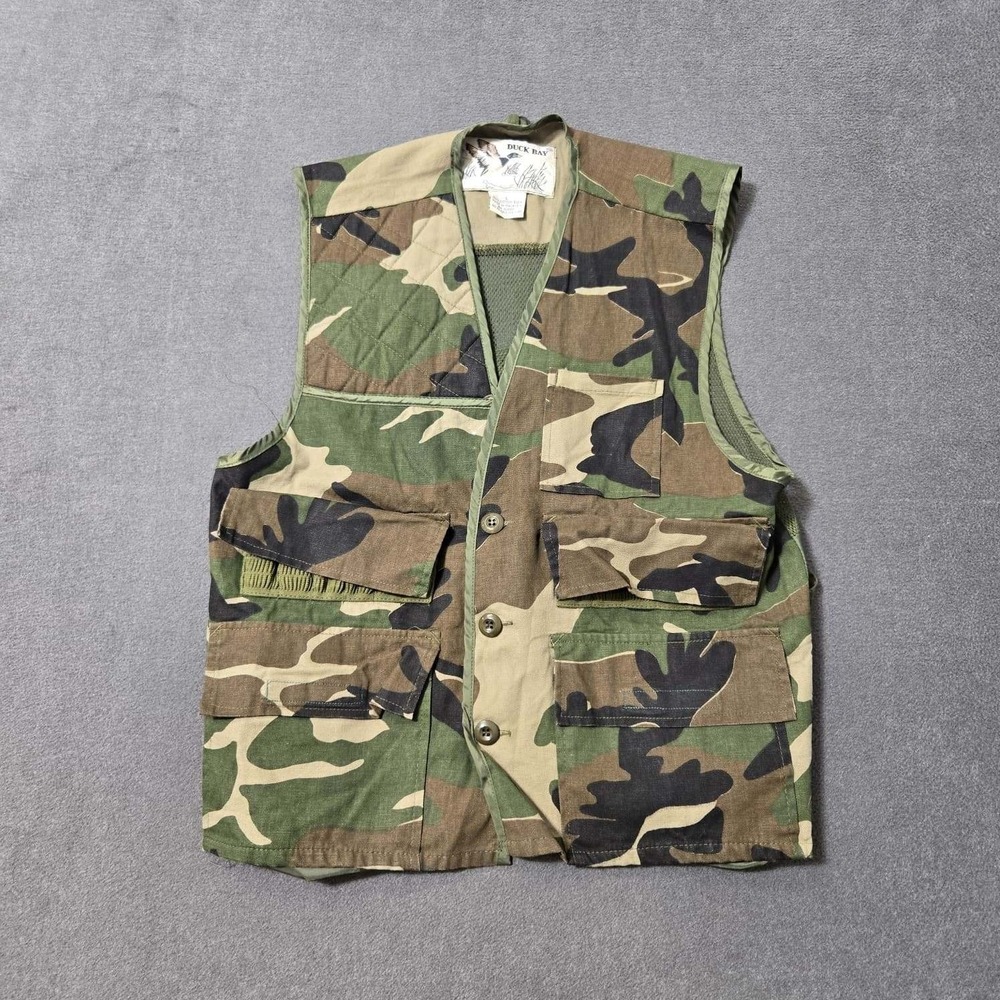 VTG Duck Bay Hunting Vest Men Sz Medium Brown Green Camo Duck 5 Pockets RN42000